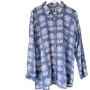 SPARTINA 449 Ada Linen Tunic Oyster Alley Blue Palm Button-Up Blouse Top Size XL